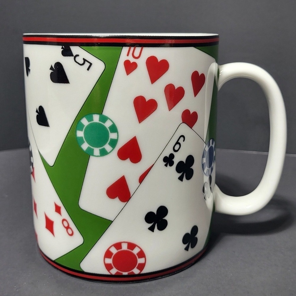 222 Fifth Playing Cards Poker Chips Ceramic Coffee Mug Green Casino Theme 5in